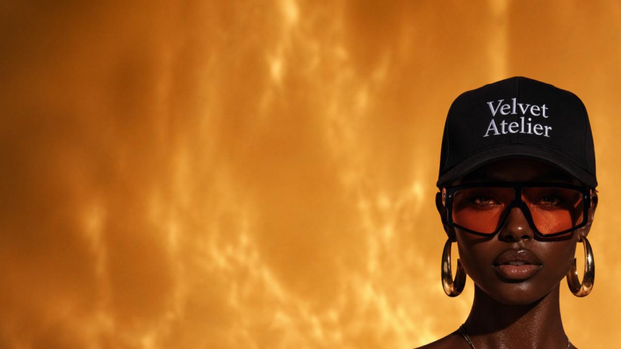 Velvet Atelier muse in branded cap and sunglasses